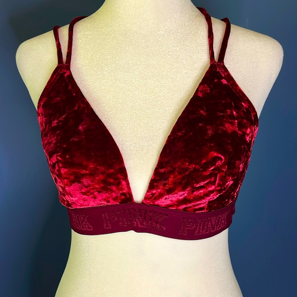 PINK by Victoria Secret merlot color crushed velvet unlined bra, cross-straps